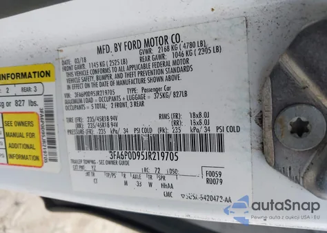 2018 Ford Fusion Titanium z USA, uszkodzony, nr VIN 3FA6P0D95JR219705